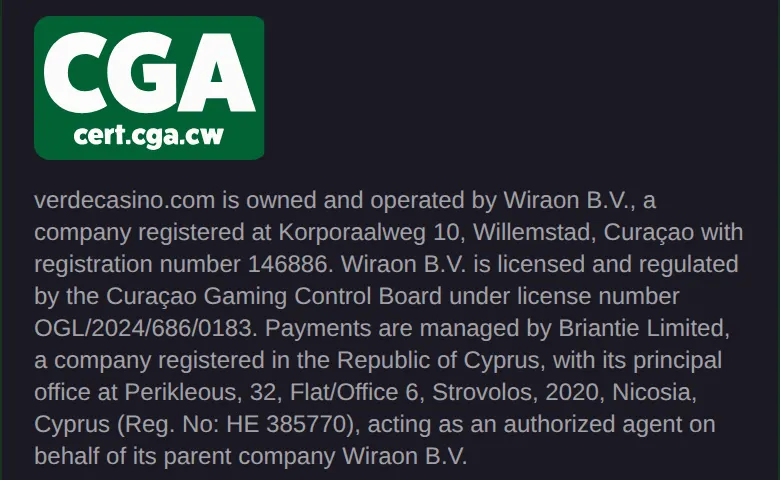 Operator and licence statement in the footer of the official Verde Casino site